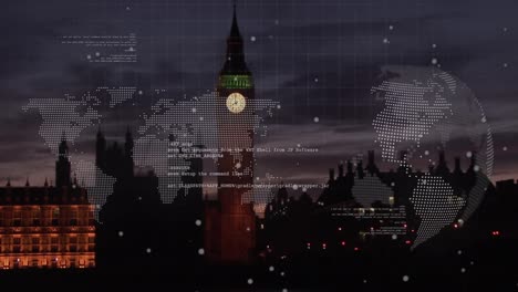 Animation-of-world-map,-spinning-globe-and-data-processing-against-view-of-big-ben-tower-at-night