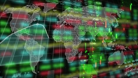 Animation-of-financial-and-stock-market-data-processing-over-world-map-against-black-background