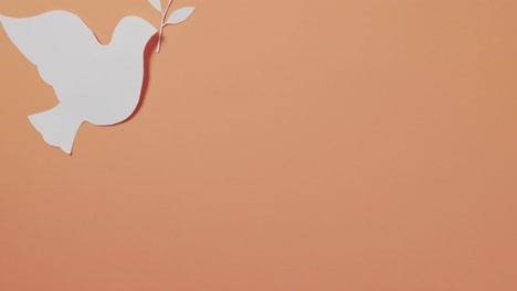 Nahaufnahme-Einer-Weißen-Taube-Mit-Blatt-Und-Kopierraum-Auf-Orangefarbenem-Hintergrund