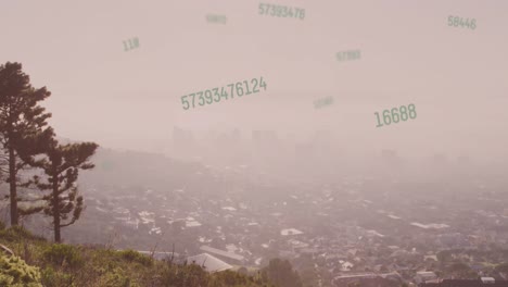 Animation-of-multiple-changing-numbers-floating-against-aerial-view-of-cityscape