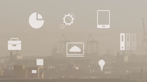 Animation-Mehrerer-Symbole-über-Nebelbedecktem,-Modernem-Stadtbild-Vor-Dem-Himmel