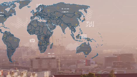 Animación-Del-Mapa-Mundial-Y-Procesamiento-De-Datos-Frente-A-La-Vista-Aérea-Del-Paisaje-Urbano