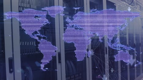 Distorting-purple-digital-world-map-over-computer-server-room