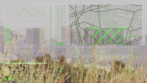 Animation-of-interface-with-data-processing-against-aerial-view-of-cityscape