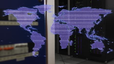 Distorting-purple-digital-world-map-over-computer-server-room