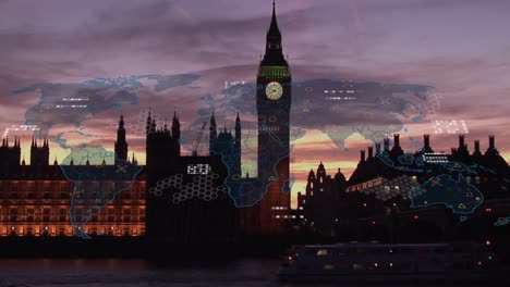 Animation-of-data-processing-and-world-map-against-city-traffic-and-big-ben-tower