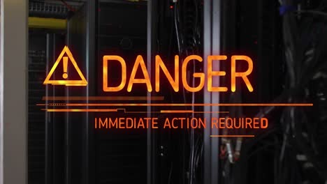 Animation-of-danger-text-banner-against-close-up-of-a-computer-server