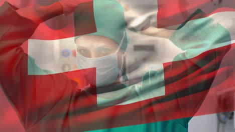 Animation-of-flag-of-switzerland-over-caucasian-female-surgeon-with-face-mask