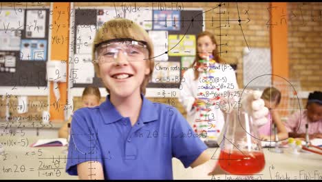 Animation-of-mathematical-equations-over-caucasian-boy-performing-experiment-in-laboratory-at-school