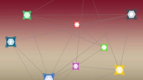 Animation-of-network-of-digital-icons-against-red-gradient-background