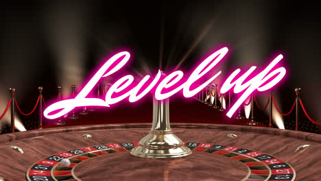 Animation-of-neon-level-up-text-over-casino-roulette-background