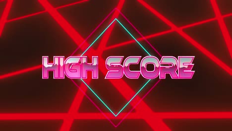 Animation-of-high-score-text-banner-over-glowing-red-light-trails-against-black-background