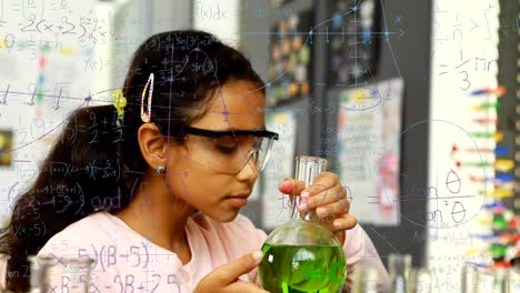 Animation-of-mathematical-equations-over-biracial-girl-smelling-chemical-in-a-flask-at-laboratory