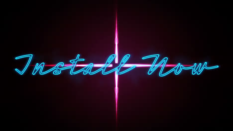 Animation-of-neon-install-now-text-over-glowing-cross-on-black-background