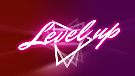 Animation-of-neon-level-up-text-over-glowing-triangle-on-pink-background