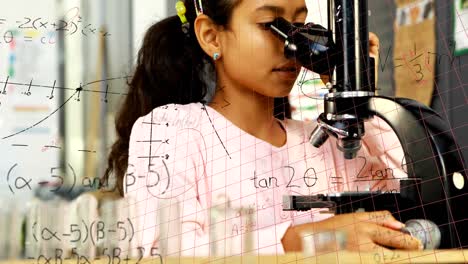 Animation-of-mathematical-equations-over-biracial-girl-using-microscope-in-laboratory-at-school