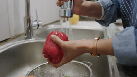 Hands-of-biracial-woman-washing-red-pepper-in-kitchen-sink,-slow-motion