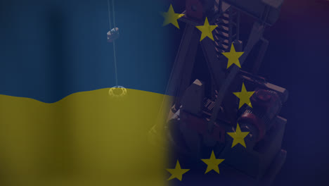 Animation-Des-Schwenkens-Der-Flagge-Und-Maschine-Der-Ukraine-Und-Der-EU-Vor-Einer-Landschaft-Mit-Bergen-Und-Sonne