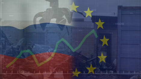 Animation-Der-EU--Und-Russland-Flaggen--Und-Statistikdatenverarbeitung-über-Eine-Maschine-Auf-Einem-Schrottplatz
