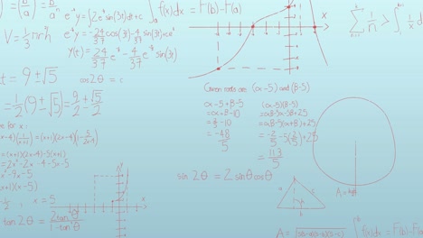 Animation-Mathematischer-Gleichungen-Und-Formeln,-Die-Vor-Blauem-Hintergrund-Mit-Farbverlauf-Schweben