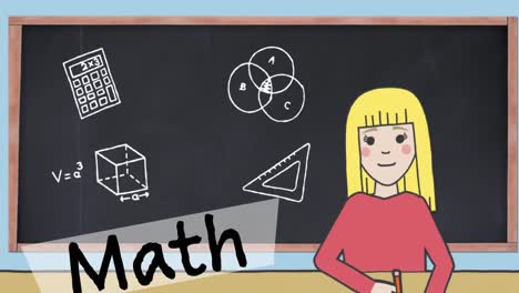 Animation-of-girl-studying-icon,-math-text-banner-and-mathematical-concept-icons-on-chalkboard