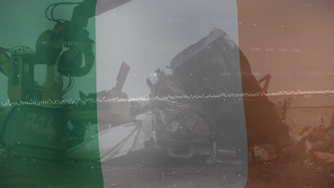 Animation-of-waving-ireland-flag-against-hydraulic-lifting-machine-at-junkyard