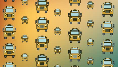 Animation-of-multiple-school-bus-icons-floating-against-orange-gradient-background