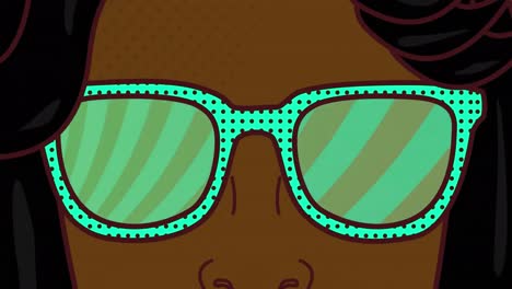 Animation-of-woman-wearing-sunglasses-icon-against-rays-in-seamless-pattern-on-green-background