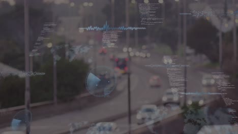 Animation-of-data-processing-against-aerial-view-of-city-traffic