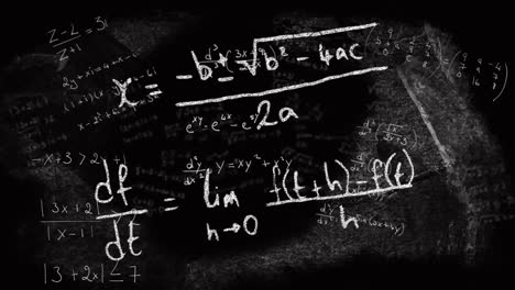 Animation-of-mathematical-equations-and-formulas-floating-against-black-chalkboard-background