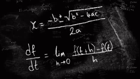Animation-of-mathematical-equations-and-formulas-floating-against-black-chalkboard-background
