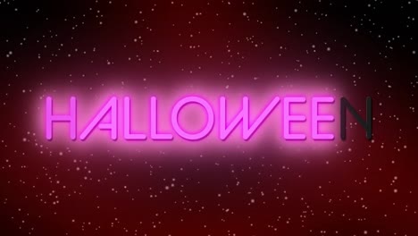 Animation-of-white-particles-over-neon-halloween-text-banner-against-red-gradient-background
