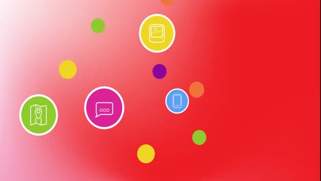 Animation-of-multiple-digital-icons-floating-against-red-gradient-background