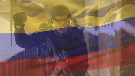 Animation-Der-Flagge-Kolumbiens-über-Verschiedenen-Soldaten