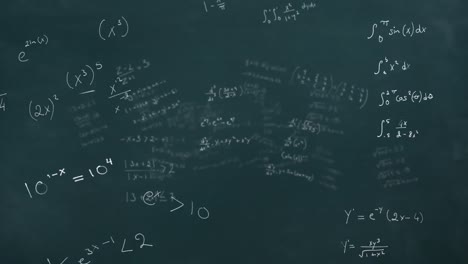 Animation-of-mathematical-equations-and-formulas-floating-against-grey-chalk-board