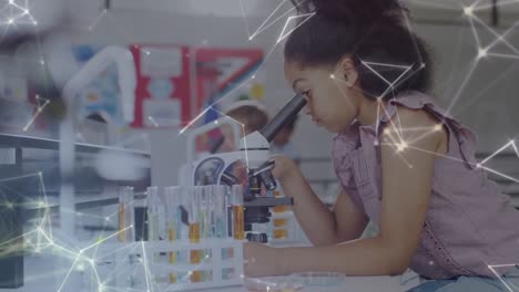 Animation-of-connections-over-biracial-schoolgirl-using-microscope-in-science-class