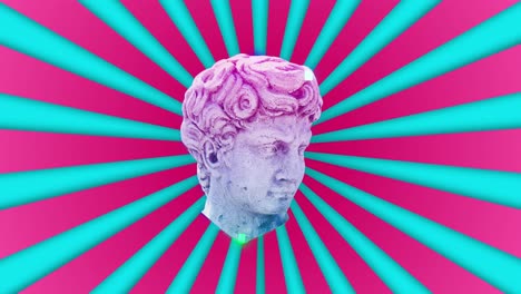 Animation-of-head-sculptures-pixelating-on-blue-stripes-on-pink-background