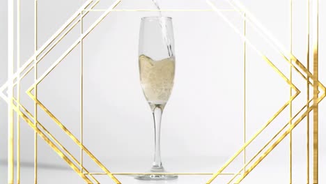 Animation-of-lines,-rhombuses-over-champagne-getting-poured-in-flute-glass-against-white-background