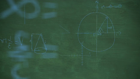 Animation-of-mathematical-equations-and-diagram-against-greenboard