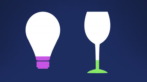 Animation-of-light-bulb-and-stemware-glass-getting-filled-with-color-against-blue-background