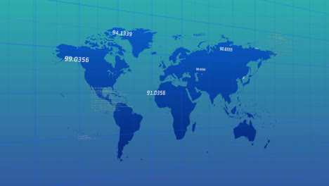 Animation-of-numbers-over-grid-pattern-and-computer-language-against-map-on-blue-background