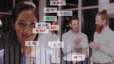 Animation-of-notification-bars-and-graphs-over-asian-woman-using-digital-tablet-in-office