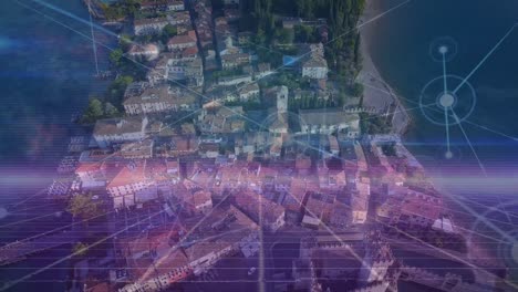 Animation-of-network-of-connections-against-aerial-view-of-cityscape-and-sea