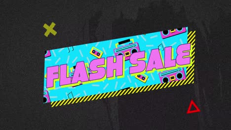 Animation-of-flash-sale-text-on-retro-speech-bubble-with-abstract-shapes