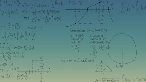 Animation-of-mathematical-equations,-formulas-and-diagrams-against-green-gradient-background