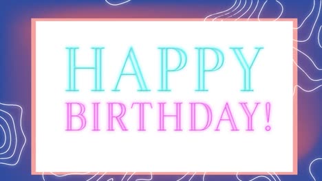 Animation-of-happy-birthday-text-in-rectangle-over-abstract-pattern-against-blue-background