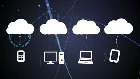 Animación-De-Nubes-Con-Laptop,-Computadora,-Teléfono-Inteligente-Y-Teléfono-Celular-Colgando-Sobre-Puntos-Conectados