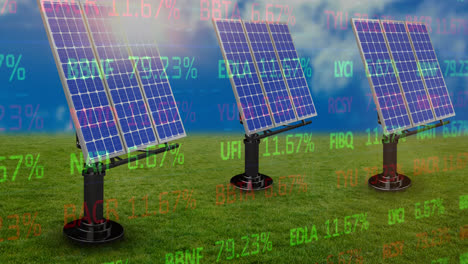 Animation-of-multicolored-trading-board-over-solar-panels-on-green-field-against-sun-and-cloudy-sky