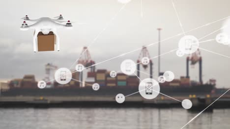 Animation-of-connected-icons,-drone-carrying-cardboard-box-against-containers-in-background