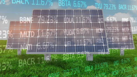 Animation-of-multicolored-trading-board-over-solar-panels-on-green-field-against-cloudy-sky